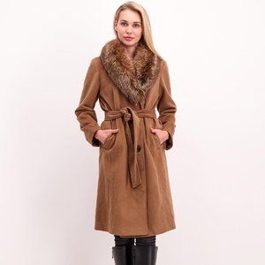 Ellen Tracy Genuine Fox Fur Trim Belted Long Coat